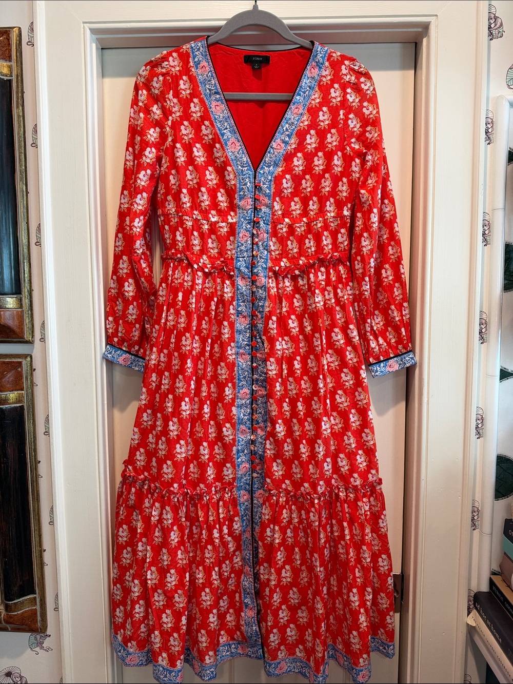 J. Crew Red Floral Long Sleeve Button-Front Midi Dress with Blue Trim